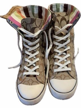 Coach High-Top Sneakers in Signature Khaki with Multicolor Stripe Lining